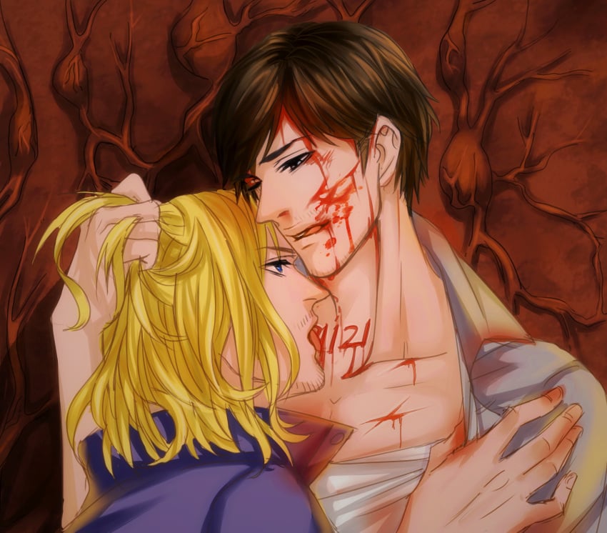 2boys anderain bite_mark bleeding blonde_hair blood blood_on_face blood_stain brown_hair cuts facial_hair gay hair_grab henry_townshend injury licking licking_blood licking_lips male male_only neck_lick open_shirt sexually_suggestive silent_hill silent_hill_4 stained_clothes stubble walter_sullivan yaoi