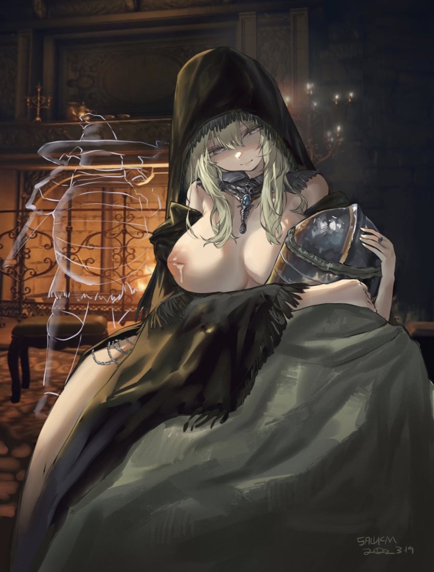 areolae breasts breasts_out candelabra cloak deathbed_smalls detailed_background elden_ring fia_the_deathbed_companion fireplace fromsoftware helmet highres hood hood_up inverted_nipples lactation looking_at_another necktie nipples photo_background sawkm smile stool