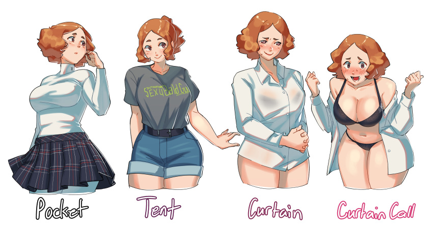 barley_juice big_breasts bottomless bra breasts clothing curtain_call_challenge cute female fully_clothed haru_okumura human large_breasts multiple_views open_clothes open_shirt pale_skin persona persona_5 red_hair short_hair shorts skirt solo tented_shirt white_background