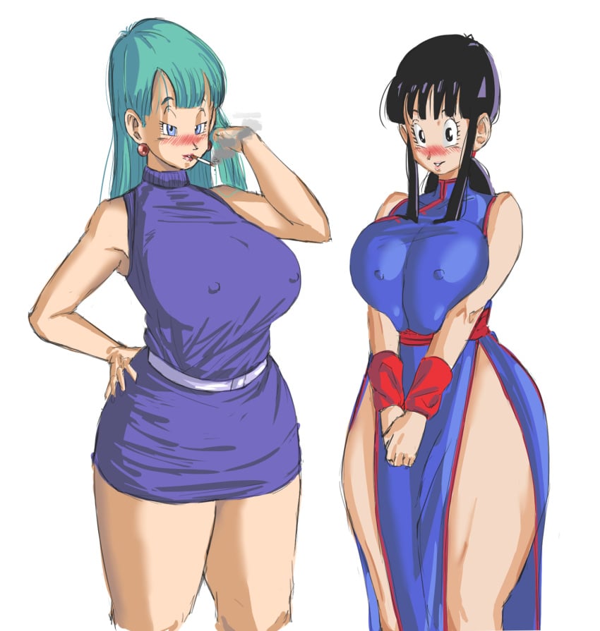 2girls bare_legs black_eyes black_hair black_hair_female blue_eyes blue_hair blush breasts_between_arms breasts_squeezed_together bulma_briefs chichi chinese_clothes clothing dragon_ball earrings female female_only fully_clothed hand_on_hip hands_in_front huge_breasts looking_at_viewer minidress multiple_girls nipple_bulge panarandom pelvic_curtain side_slit sleeveless_dress smoking smoking_cigarette toei_animation turtleneck turtleneck_dress white_background