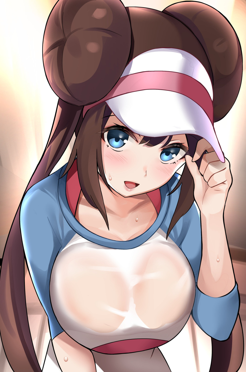 1girls bangs blue_eyes blush breasts brown_hair double_bun enishi96 hair_between_eyes hat large_breasts long_hair looking_at_viewer parted_lips pokemon pokemon_(game) pokemon_bw2 raglan_sleeves rosa_(pokemon) see-through shirt sidelocks solo sweat twintails visor_cap wet wet_clothes wet_shirt