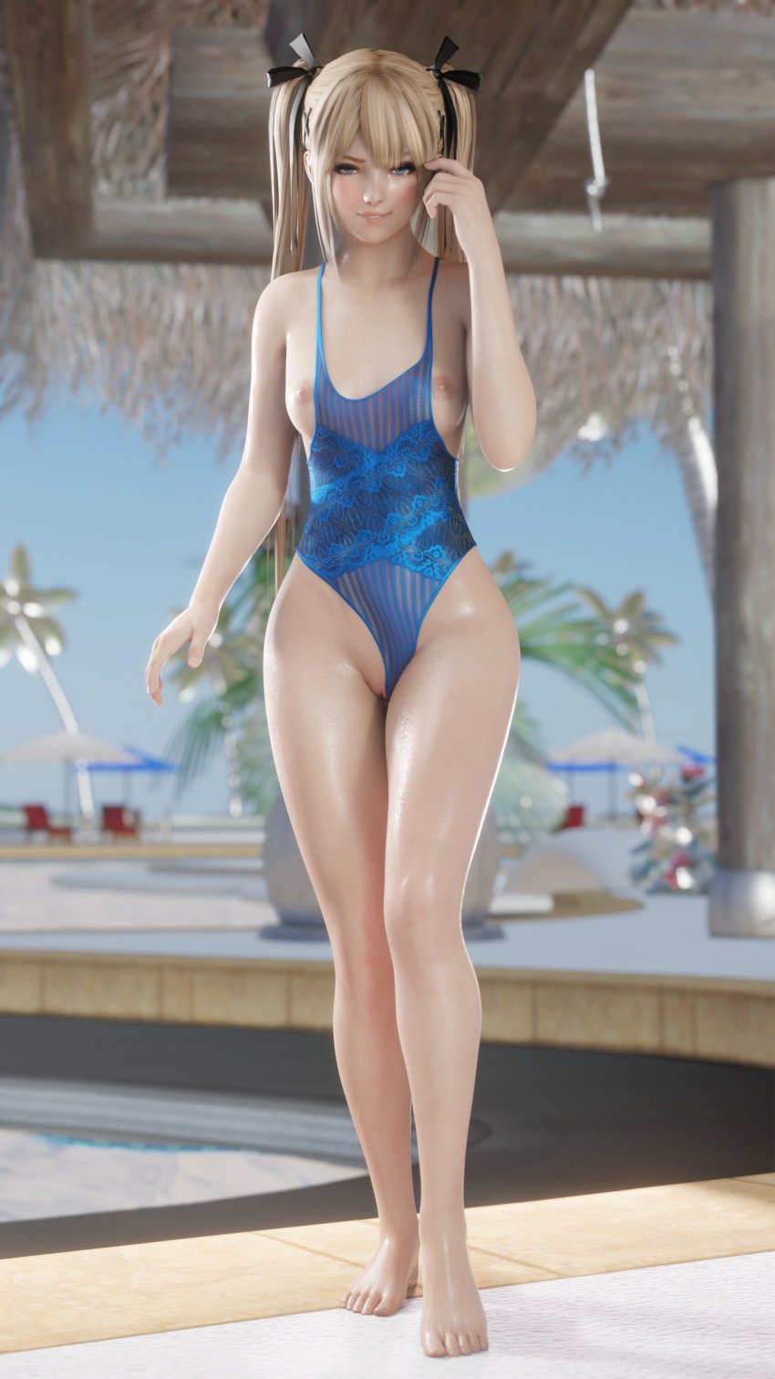 1girls 3d areolae blender blonde_hair blue_eyes breasts clothed clothing clothing_aside dead_or_alive dom3d female female_only functionally_nude hair_ribbon lingerie long_hair looking_at_viewer malfunction marie_rose petite poolside pussy see-through_clothing small_breasts solo standing swimsuit twintails wardrobe_malfunction