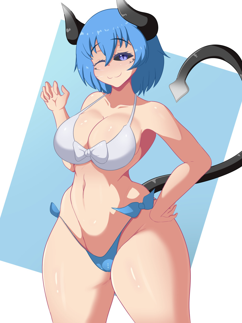 1girls beach big_breasts big_thighs bikini black_sclera blue_bikini blue_eyes breasts demon_tail fake_face fallenskyflames female female_only fxq1 horns short_hair smile smug succubus swimsuit swimwear tattoo thick_thighs virtual_youtuber