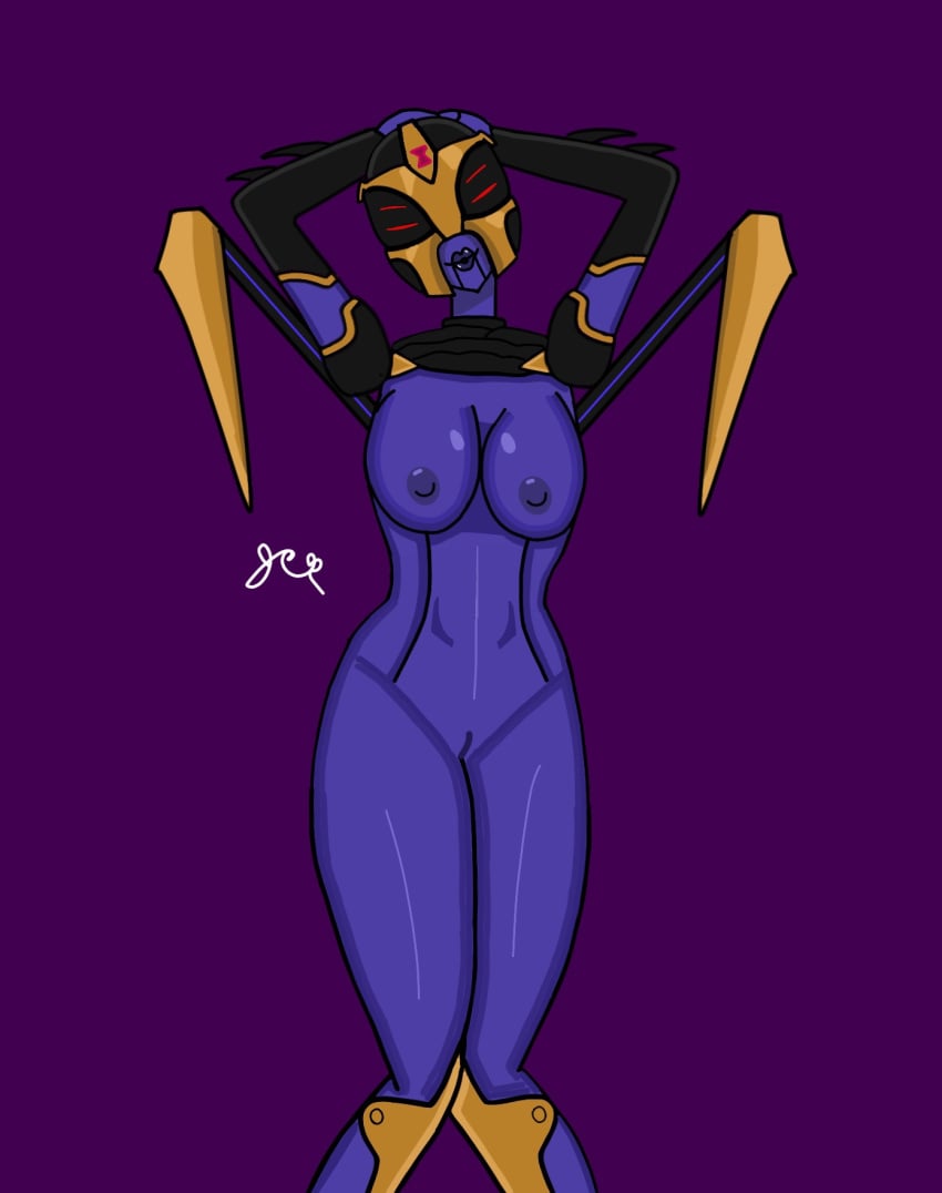 big_breasts blackarachnia breasts purple_body purple_lipstick red_eyes solo transformers