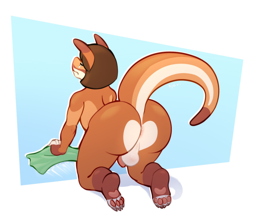 2022 aardvark anthro anus brown_hair digital_media_(artwork) furry genitals hair male male_only mammal nude original original_character penis rag simple_background sjevi sjevi_(character) solo tail tear thick_thighs wide_hips