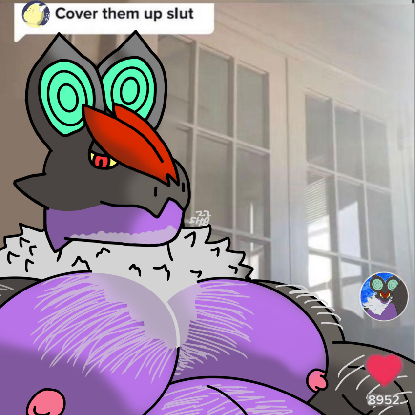 absurd_res anthro bara beard belly biceps body_hair chest_tuft cover_them_up_slut facial_hair hi_res large_pecs light lighting livestream looking_at_viewer male muscular muscular_male neck_tuft nintendo nipples noivern pecs pokémon_(species) pokemon pokemon_(species) shibidyboop solo tiktok tiktok_overlay tuft