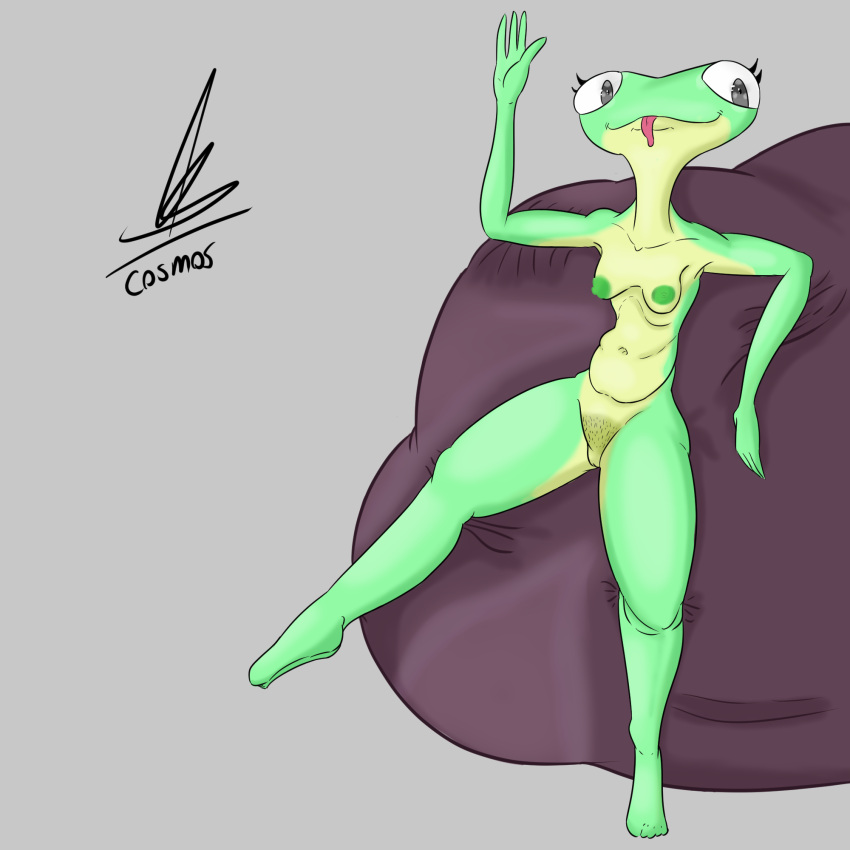 amphibian amphibian_humanoid animal_humanoid anthro biphony_(rubbish_chameleon) cosmosarts female frog frog_humanoid genitals green_body green_nipples hi_res humanoid nipples pubes pubic_hair pussy rubbish_chameleon sitting solo tongue_out