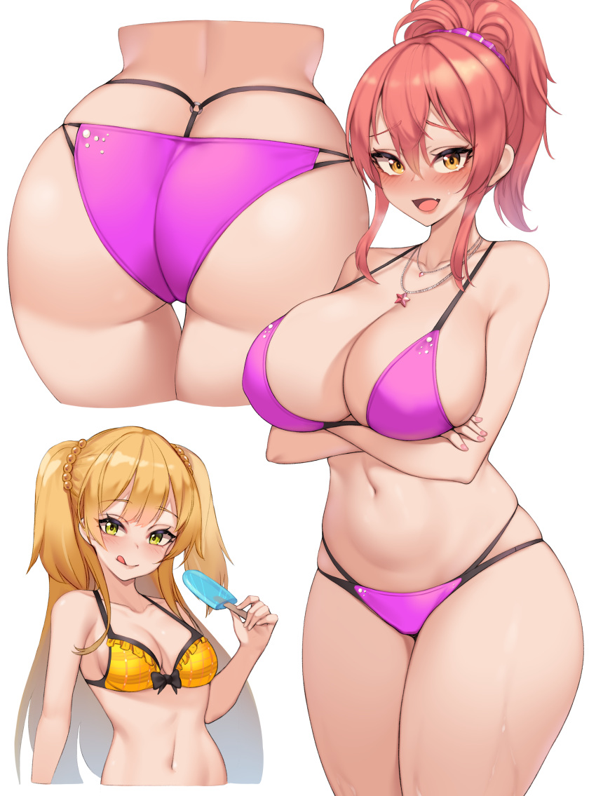 2022 2girls ass ass_cleavage ass_focus ass_shot big_ass big_breasts blonde_hair blush breast_size_difference breasts bubble_butt butt_crack cleavage female female_only green_eyes hi_res hips holding_object huge_ass huge_breasts idol idolmaster idolmaster_cinderella_girls jougasaki_mika jougasaki_rika kuavera long_hair looking_at_viewer mischievous_smile petite pink_hair ponytail popsicle simple_background sisters slim_waist small_breasts smile thick_thighs thighs tongue tongue_out very_high_resolution wide_hips yellow_eyes