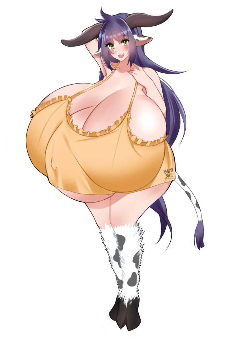 1girls absurdres bayoshii big_belly blush breasts cleavage cow_girl female female_only highres huge_belly hyper hyper_breasts looking_at_viewer pregnant ready_to_pop solo thick_thighs thighhighs voluptuous wide_hips