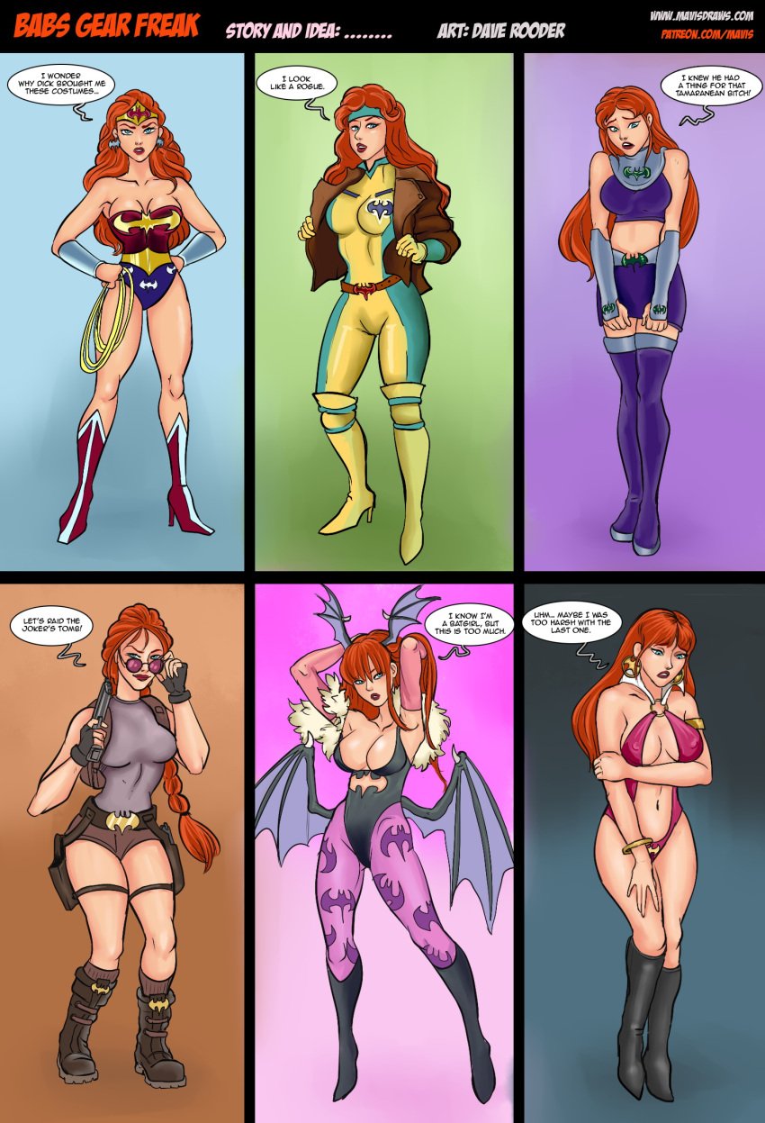 1girls adapted_costume alternate_hairstyle barbara_gordon bat_symbol batgirl batman_(series) blue_eyes clothing comic comic_page cosplay crossover crossover_cosplay darkstalkers dc dc_comics dialogue english_text female female_only glasses justice_league lara_croft_(cosplay) long_hair marvel marvel_comics mavruda medium_breasts morrigan_aensland_(cosplay) red_hair rogue_(x-men)_(cosplay) shorts skirt small_breasts solo speech_bubble starfire_(cosplay) superheroine teen_titans tomb_raider vampirella_(cosplay) vampirella_(series) wonder_woman_(cosplay) wonder_woman_(series) x-men