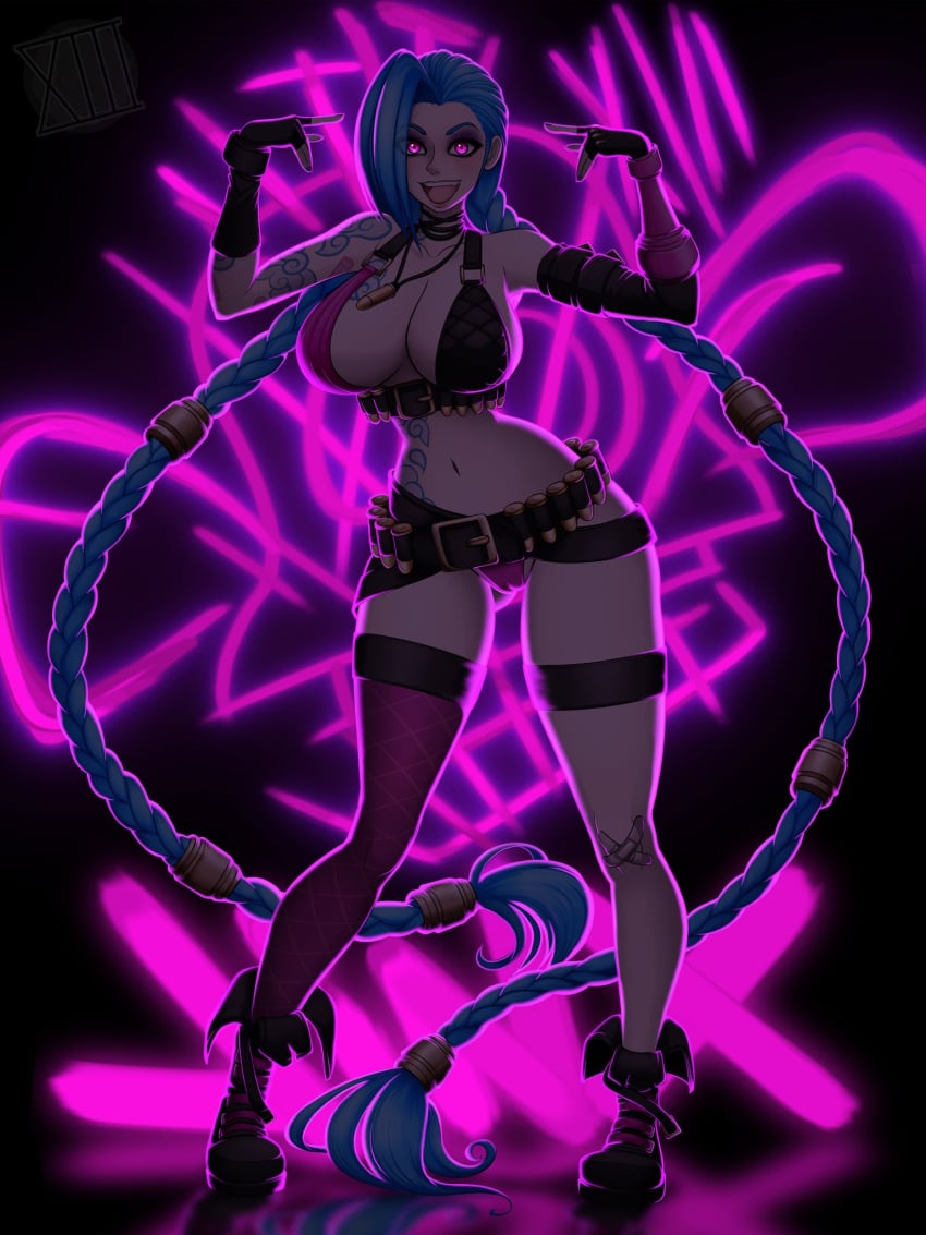 blue_hair boots breasts jinx_(league_of_legends) league_of_legends long_hair me!me!me! pink_eyes tattoo thick_thighs