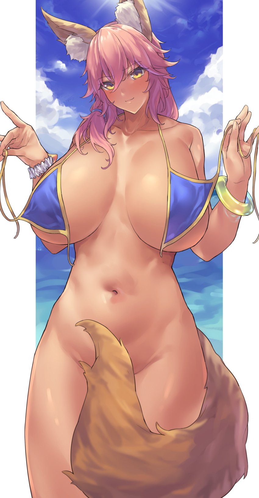 absurdres animal_ears bangs bare_shoulders bikini blue_bikini blue_sky blush bottomless bracelet breasts cleavage collarbone fate/grand_order fate_(series) female fox_ears fox_girl fox_tail highres jewelry large_breasts long_hair looking_at_viewer navel ocean pink_hair sawayuzu sky smile solo sourblack_art swimsuit tail tamamo_no_mae_(fate) tamamo_no_mae_(swimsuit_lancer) tan thighs untied untied_bikini yellow_eyes