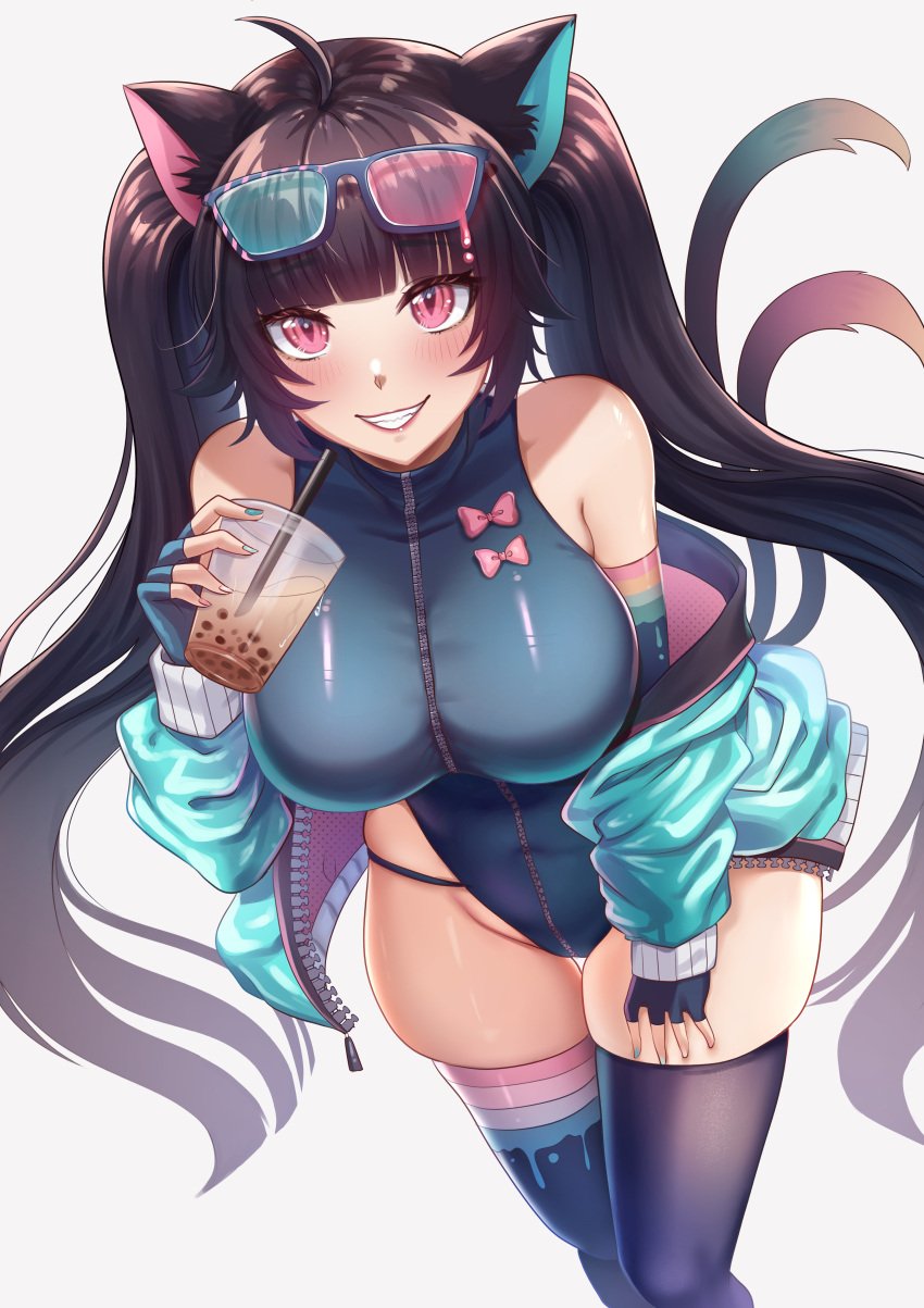 1girls big_breasts boba_tea cat_ears clothed fingerless_gloves fino_ko looking_at_viewer nyana pink_eyes skin_tight skindentation solo thighhighs virtual_youtuber