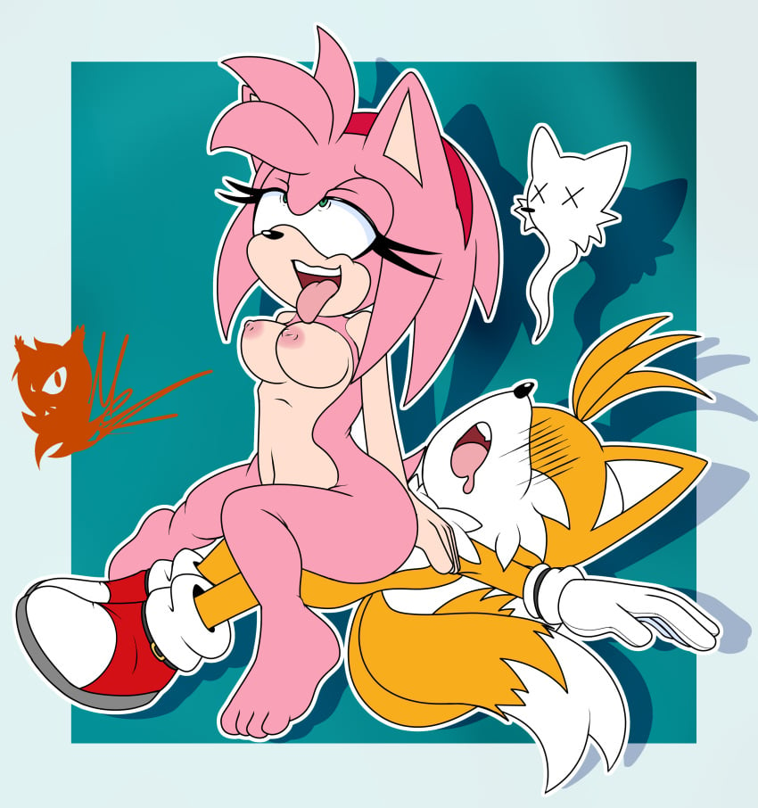 absurd_res amy_rose anthro breasts duo exposed_torso female footwear handwear hi_res looking_pleasured male male/female meyk mostly_nude nude on_bottom on_top open_mouth pink_body reverse_cowgirl_position sega sex sonic_(series) sonic_the_hedgehog_(series) tails tongue tongue_out yellow_body