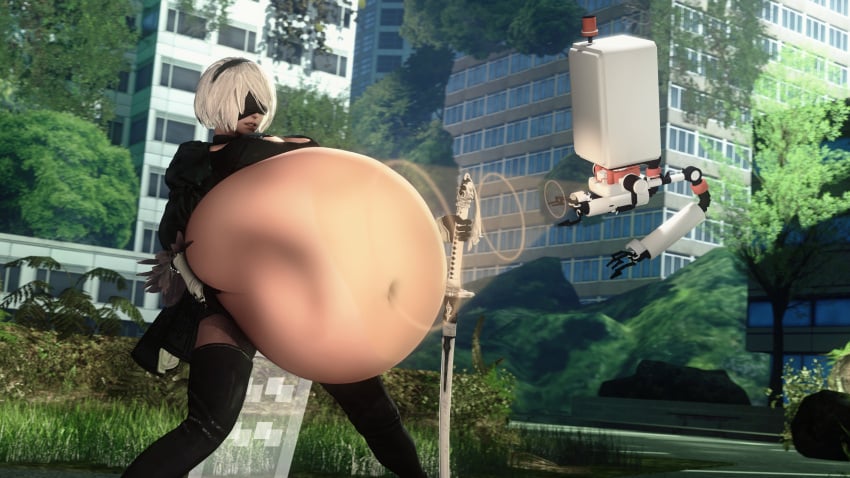 1girls 3d belly big_belly blindfold breasts clothing drelard female female_only hairband huge_belly hyper_belly light-skinned_female light_skin nier nier:_automata oral_vore pestilad soft_vore thighhighs vore vore_belly white_hair yorha_2b