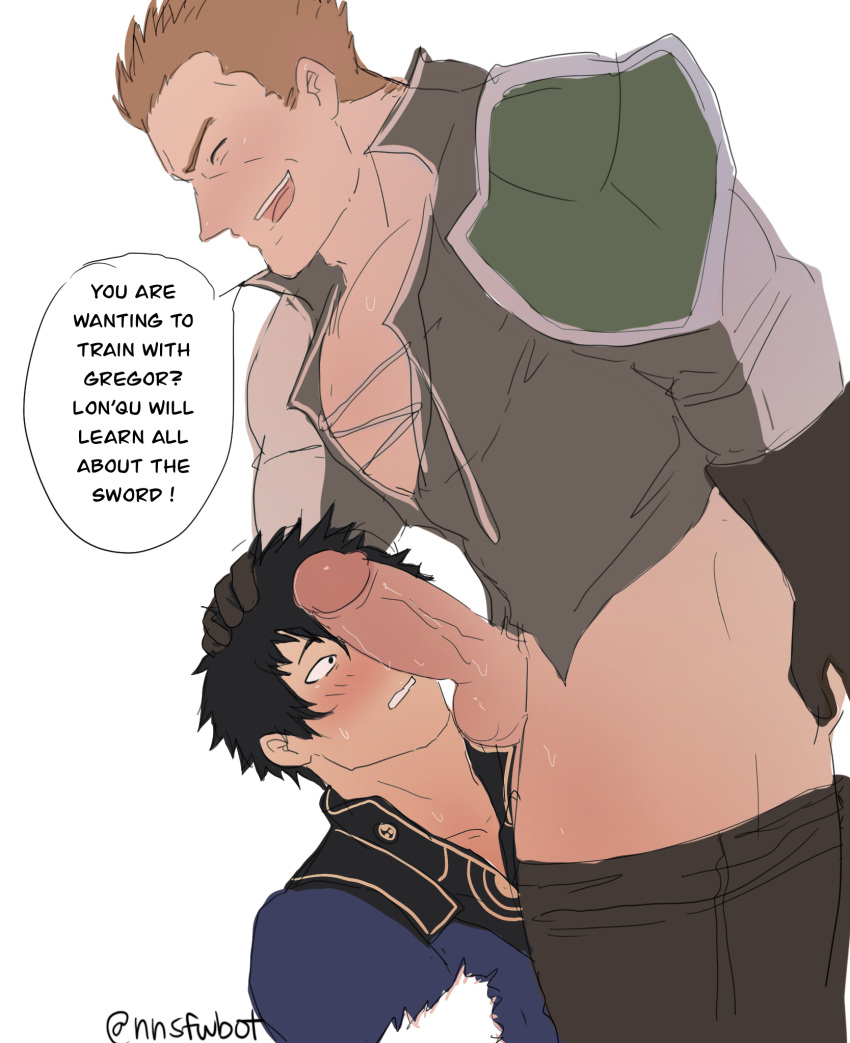 big_penis blush clothed clothing dialogue embarrassed erect_penis erection fellatio fire_emblem fire_emblem_awakening gay gregor_(fire_emblem) hand_on_head imminent_oral lon'qu_(fire_emblem) male_only nnsfwbot oral penis_on_face surprised yaoi