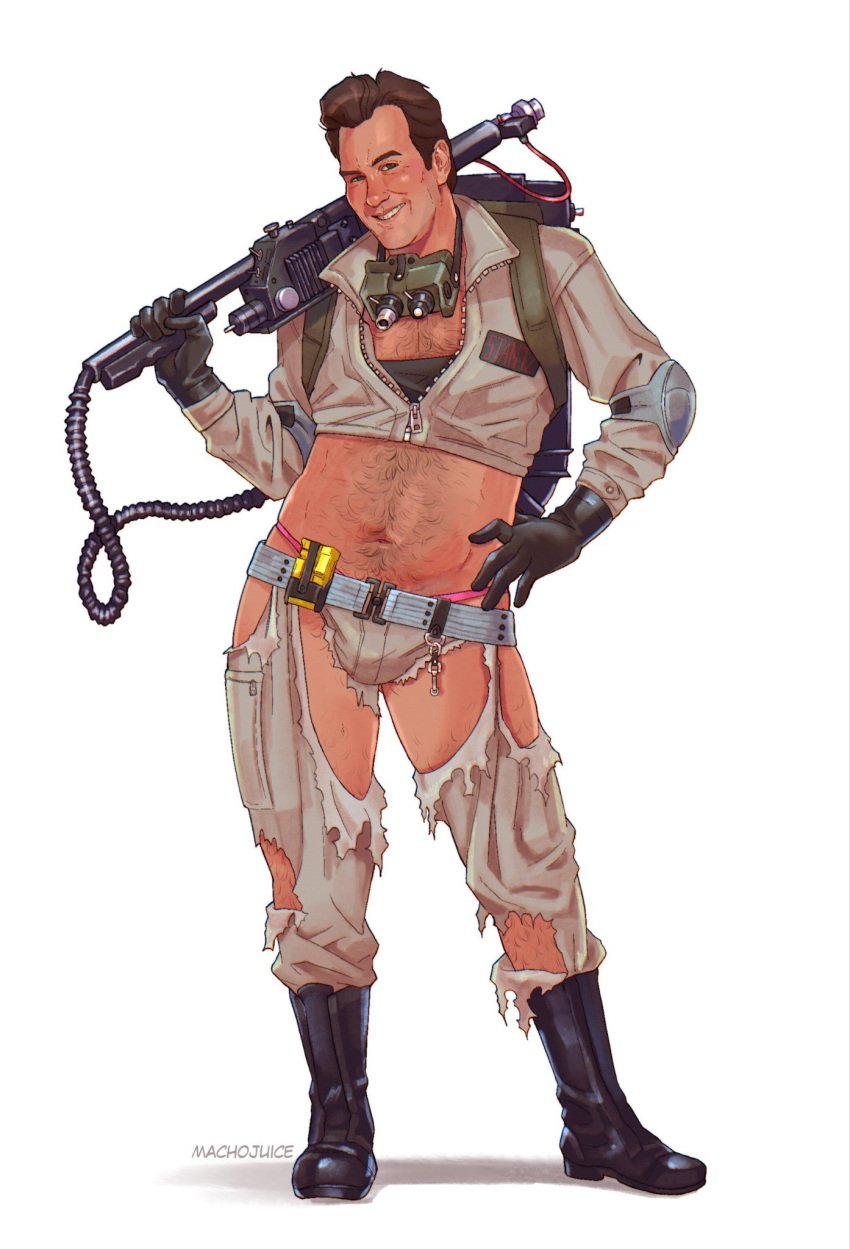 body_hair boots celebrity crop_top dan_aykroyd ghostbusters gloves machojuice male male_only pinup ray_stantz ripped_clothing short_hair