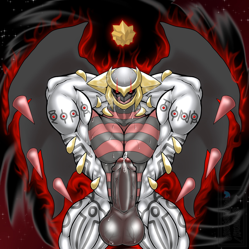 absurd_res altered_forme_giratina anthro aura balls big_balls big_penis black_body character_name evil_grin fictional_language genitals giratina gold_(metal) grey_body griseous_core hi_res legendary_pokémon male male_only multicolored_body muscular muscular_anthro muscular_male nintendo penis pokémon_(species) pokemon red_body ryuni sky smile solo spikes star starry_sky tattoo text two_tone_body unknown_(disambiguation) unown unown_text vein veiny_balls veiny_penis video_games wings