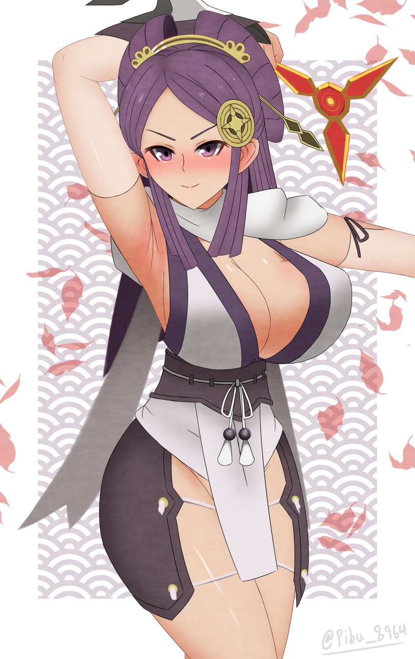 1girls alternate_costume armpits bare_thighs breasts cleavage cosplay female female_only fire_emblem fire_emblem_fates inner_thighs kagero_(fire_emblem)_(cosplay) large_breasts long_hair ninja nintendo orochi_(fire_emblem) pelvic_curtain pibu purple_eyes purple_hair smile solo thighs