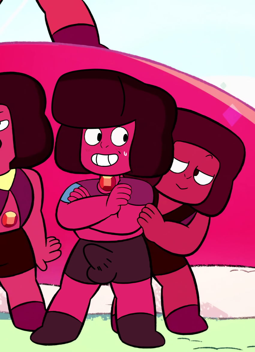 blush bulge bulge_through_clothing dwonksa edit embarrassed erection erection_under_clothes futanari gem_(species) hand_on_shoulder leggy navy nekky_(boxjockston) oc ruby_(steven_universe) ruby_squad screencap screenshot_edit steven_universe