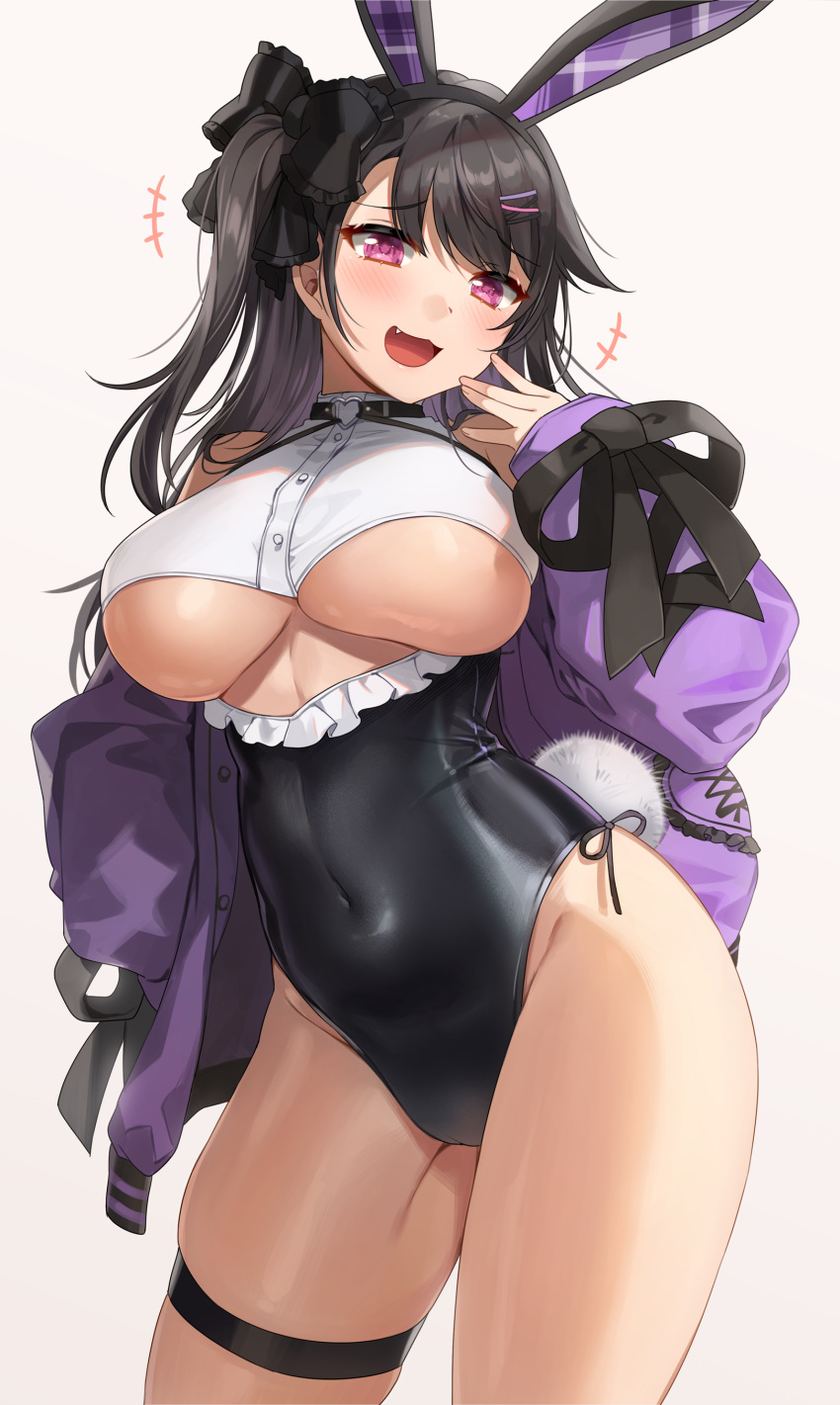 1girls 2022 absurd_res absurdres animal_ears azur_lane black_bow black_hair blush bow breasts bunny_ears bunny_tail choker contrapposto covered_navel female female_focus female_only frills gijang hair_ornament hairbow hairclip hand_up hi_res highres jacket jacket_partially_removed large_breasts laughing leotard light-skinned_female light_skin oerba_yun_fang pamiat_merkuria_(azur_lane) playboy_bunny purple_eyes purple_jacket smug solo tail thigh_strap underboob white_background