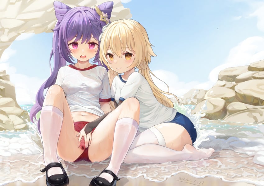 2girls absurdres beach blonde_hair blush breasts buruma feet genshin_impact gym_uniform highres keqing_(genshin_impact) looking_at_viewer lumine_(genshin_impact) mary_janes multiple_girls navel open_mouth presenting purple_eyes purple_hair pussy shirt small_breasts spread_legs spread_pussy thighhighs twintails wei_(pixiv53355564) wet white_legwear white_shirt yellow_eyes