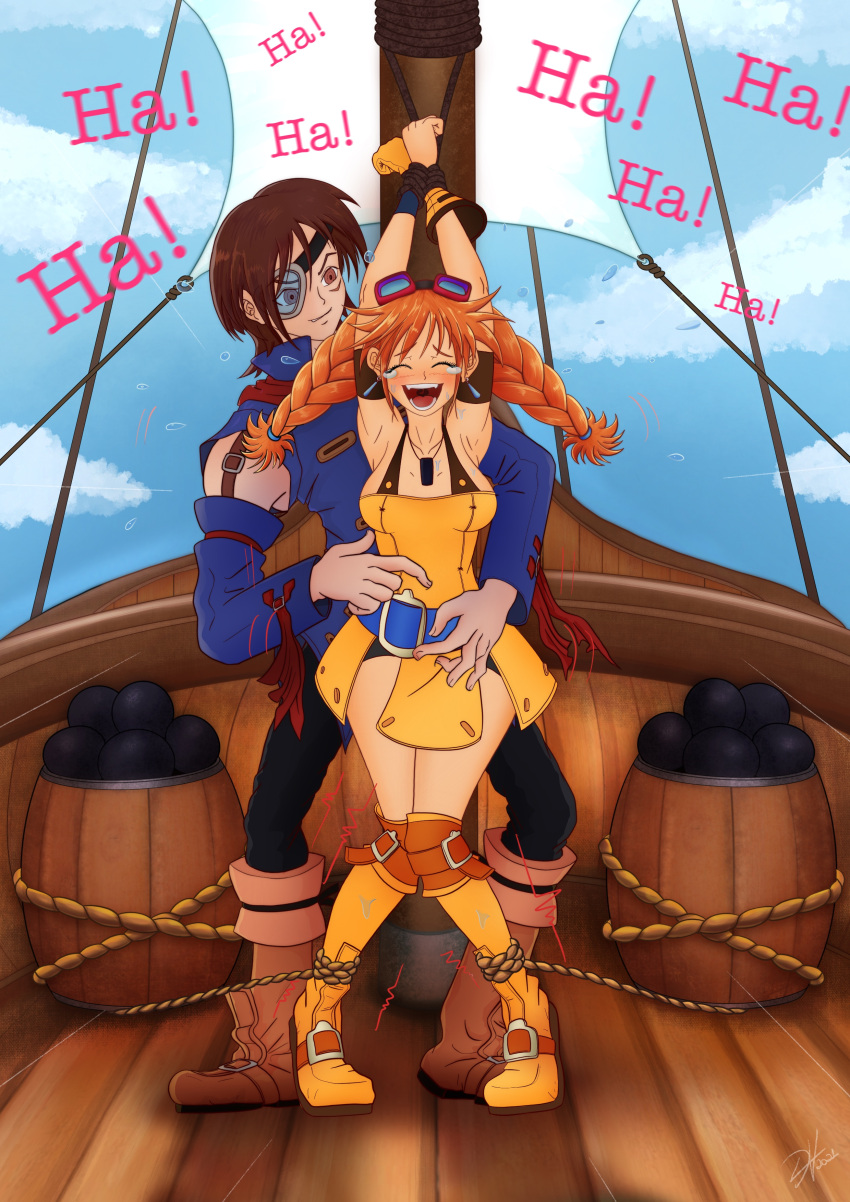 aika_(skies_of_arcadia) neruvous orange_hair sega ship skies_of_arcadia tickling tied_to_pole vyse