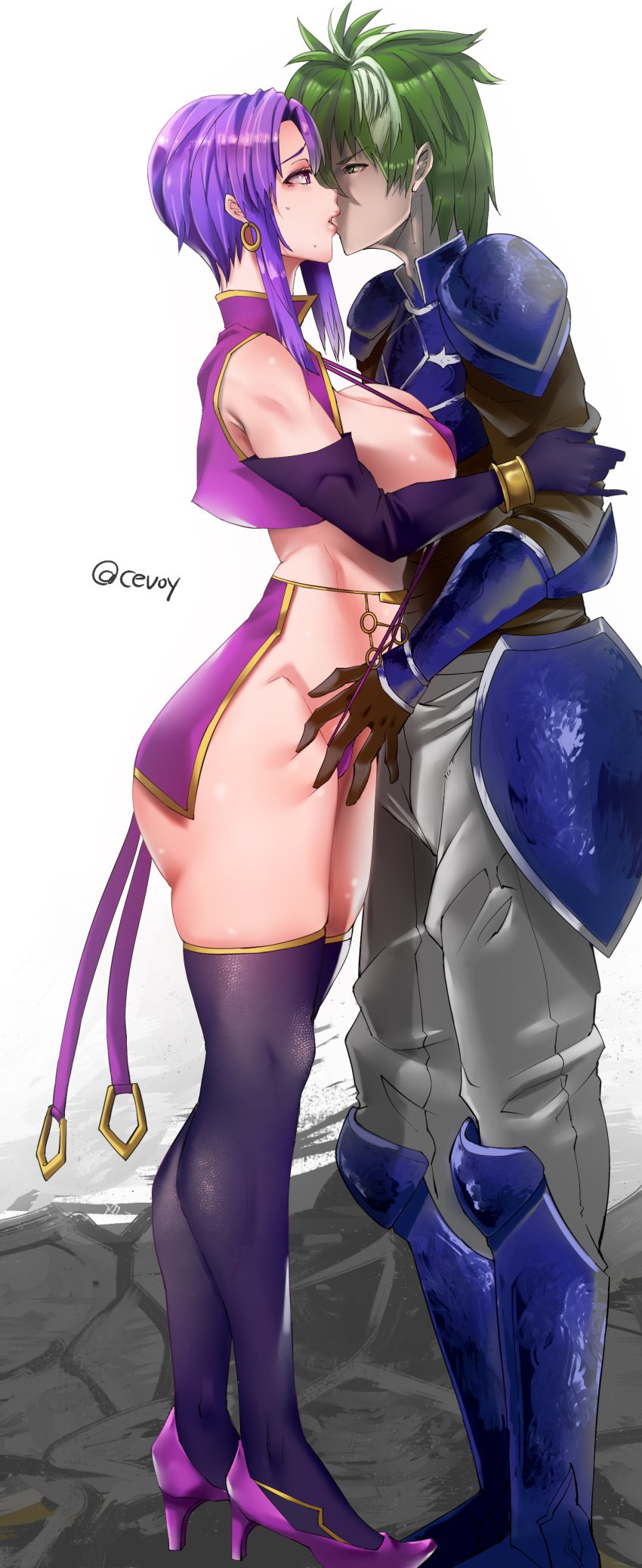 1boy 1girls 
earrings ass bare_thighs breasts cevoy elbow_gloves female fire_emblem fire_emblem:_the_blazing_blade gloves heath_(fire_emblem) high_heels large_breasts male nintendo purple_eyes purple_hair revealing_clothes short_hair sideboob slingshot_swimsuit thighhighs thighs ursula_(fire_emblem)