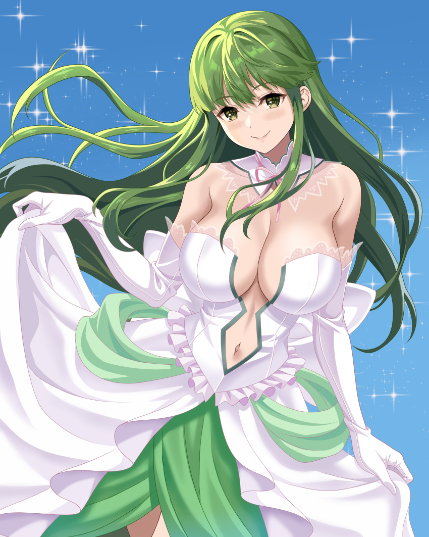 1girls alternate_costume bangs bare_midriff bare_thighs breasts bride cleavage elbow_gloves female female_only fire_emblem fire_emblem:_mystery_of_the_emblem fire_emblem:_shadow_dragon_and_the_blade_of_light glowing green_eyes green_hair large_breasts long_hair looking_at_viewer midriff midriff_peek nintendo palla_(fire_emblem) sirano smile solo thighs very_long_hair wardrobe_malfunction wedding_dress