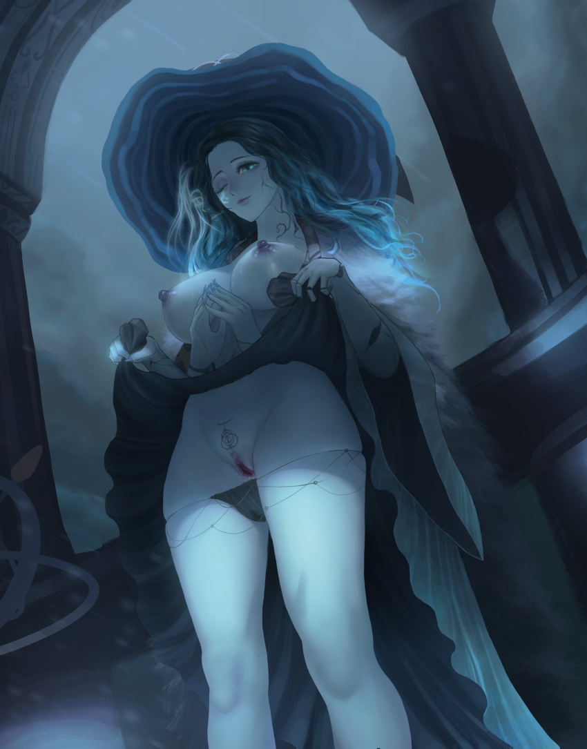 1girls 4_arms big_breasts blue_body blue_eyes blue_hair blue_skin breasts deathbed_smalls dress dress_lift elden_ring erect_nipples exposed_breasts female female_only flashing flashing_pussy fromsoftware long_hair multi_arm multi_face multi_limb nipples one_eye_closed panties panties_down proado pubic_tattoo pussy ranni_the_witch solo vagina witch witch_hat