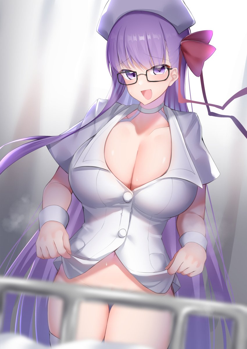 1girls 2022 bb_(fate) blush breasts cleavage convenient_censoring detailed_background fate/extra_ccc fate/grand_order fate_(series) female female_only flashing glasses hi_res hips huge_breasts kitajima_yuuki long_hair looking_at_viewer naughty_face no_panties nurse nurse_cap nurse_outfit nurse_uniform object_censor purple_eyes purple_hair ribbon ribbon_in_hair slim_waist smile smug smug_face smug_grin teasing teasing_viewer thick_thighs thighs very_long_hair wide_hips