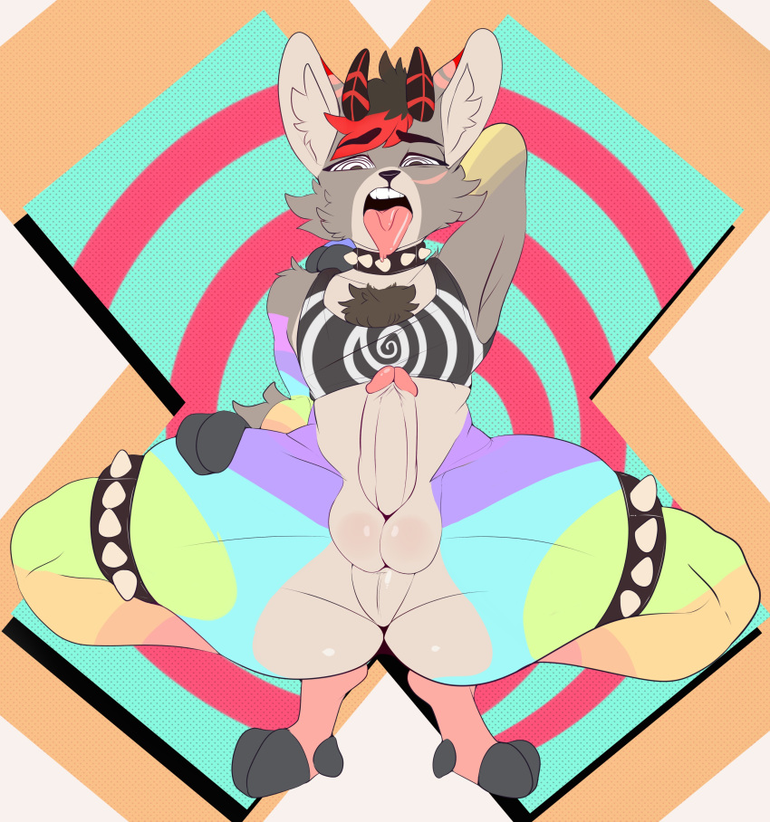 absurd_res anthro balls bedroom_eyes body_hair bovid bulge caprine cheek_tuft chest_hair clothing collar crop_top crouching erection facial_tuft genitals girly goat half-closed_eyes hi_res highlights_(coloring) hooves horn humanoid_genitalia humanoid_penis hypnotic_background hypnotizing_viewer inner_ear_fluff inviting johe_dala looking_at_viewer male mammal mostly_nude muscular_legs narrowed_eyes open_mouth pear-shaped_figure penis presenting presenting_balls presenting_penis psychedelic punkypanda seductive shirt simple_background solo spiral_eyes spread_legs spreading studded_collar studded_legband testicles thick_thighs tongue tongue_out topwear tuft uncensored wide_hips