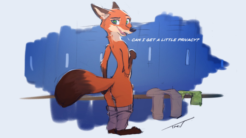 anthro ass canid canine dialogue disney fox locker_room looking_at_viewer male male_only mammal nick_wilde simple_background solo trevart zootopia