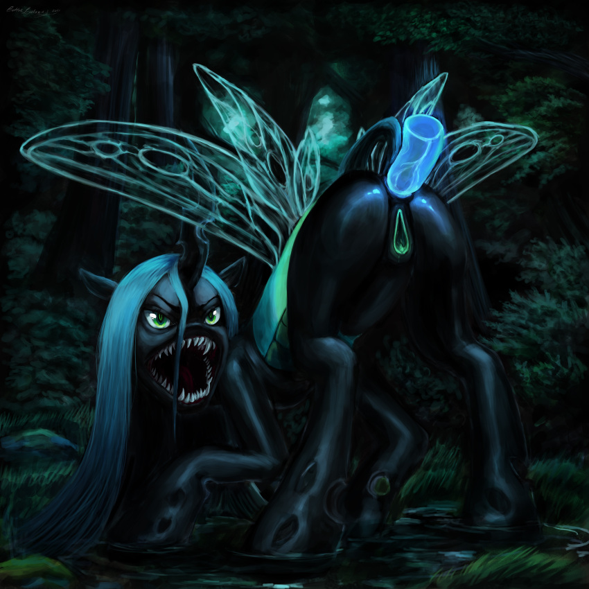 absurd_res anal anal_sex angry animal_genitalia animal_pussy arthropod black_body blue_hair changeling creepy disembodied_penis equine_pussy female feral friendship_is_magic genitals gothicgalaxies_(artist) green_eyes green_pussy hair hasbro hi_res horn male my_little_pony night notched_wings open_mouth penetration penis plant pussy queen_chrysalis_(mlp) raised_tail sharp_teeth teeth tree wings