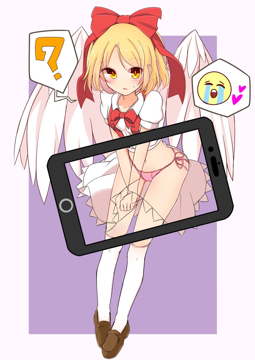 ? absurdres angel_wings blonde_hair bow brown_eyes brown_footwear cellphone commentary_request crying_emoji dress dress_tug embarrassed emoji feathered_wings female full_body gengetsu hairbow highres inon kneehighs loafers open_mouth phone puffy_short_sleeves puffy_sleeves ribbon shoes short_hair short_sleeves skirt smartphone solo spoken_question_mark suspender_skirt suspenders touhou touhou_(pc-98) v_arms white_dress white_legwear wind wind_lift wings x-ray x-ray_camera