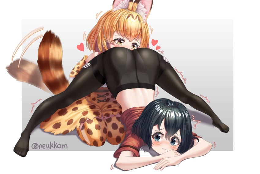 2girls arched_back arm_rest black_eyes black_hair black_legwear extra_ears face_in_crotch female female_pervert flexible full_body gloves hair_between_eyes hands_on_ground heart high-waist_skirt highres jack-o_pose kaban_(kemono_friends) kemono_friends meme multiple_girls neukkom pantyhose pervert pose print_gloves print_skirt red_shirt serval_(kemono_friends) serval_print shirt short_hair skirt spread_legs stretch striped_tail tail tail_wagging top-down_bottom-up wavy_hair wide_spread_legs yuri