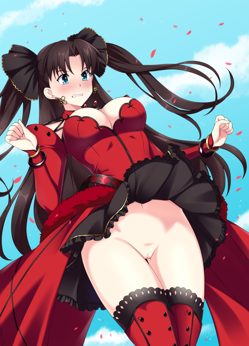 black_hair breasts censored detached_sleeves dress fate/stay_night fate_(series) female green_eyes lindaroze long_hair mosaic_censoring no_panties petals pussy red_legwear solo standing thighhighs tohsaka_rin