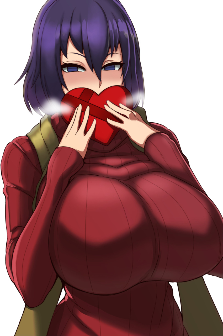 1girls big_breasts blush blushing_at_viewer box_of_chocolates breasts breasts_bigger_than_head busty cute eye_contact female female_focus female_only front_view hair_between_eyes holidays huge_breasts large_breasts light-skinned_female light_skin looking_at_viewer mel_(standby) original_character purple_eyes purple_hair scarf short_hair simple_background solo solo_female standby sweater tagme valentine's_day white_background wholesome