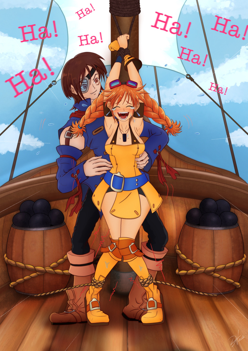 aika_(skies_of_arcadia) neruvous orange_hair sega ship skies_of_arcadia tickling tied_to_pole vyse