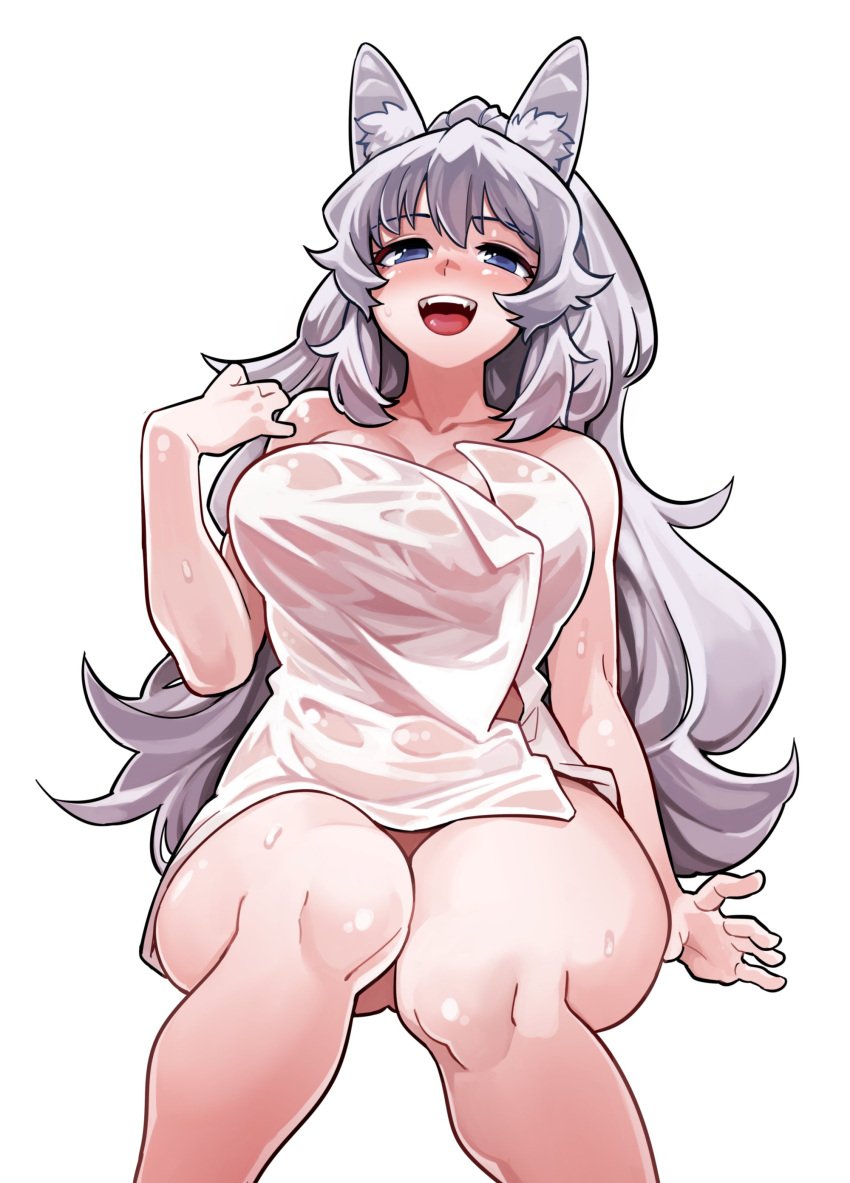 1girls animal_ear_fluff animal_ears arm_up bangs blue_eyes blush breasts collarbone eyebrows_visible_through_hair feet_out_of_frame fukumaaya indie_virtual_youtuber large_breasts long_hair looking_at_viewer lumi_(merryweather) naked_towel open_hand open_mouth sharp_teeth simple_background sitting smile solo sweat tareme teeth thick_thighs thighs towel virtual_youtuber white_background wolf_ears wolf_girl