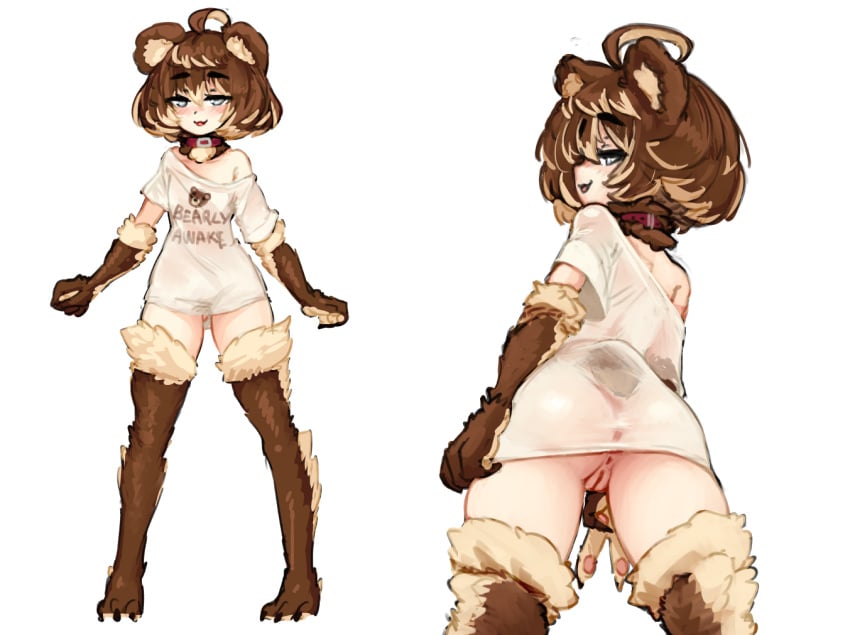 :3 ahoge alternate_breast_size animal_ears animal_feet animal_hands anus ass ass_visible_through_thighs bangs barb-tan barbariank bear_ears bear_girl bear_tail blonde_hair blush bottomless breasts brown_fur brown_hair clothes_writing collar commentary english_commentary english_text eyebrows_visible_through_hair female from_behind full_body hair_between_eyes legs_apart looking_at_viewer looking_back multicolored_hair multiple_views no_panties off_shoulder original pun pussy see-through shirt short_hair short_sleeves simple_background single_bare_shoulder small_breasts smile standing t-shirt tail two-tone_fur two-tone_hair uncensored v white_background white_fur white_shirt