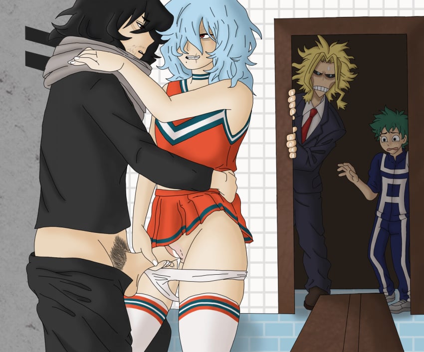 aizawa_shouta all_might artist_request black_hair blonde_hair blue_eyes blue_hair caught_in_the_act cheerleader cheerleader_uniform clothed_sex clothes cum cum_in_panties cum_in_pussy cum_inside cuntboy detailed_background eraserhead gay green_eyes green_hair intersex izuku_midoriya locker_room midoriya_izuku my_hero_academia panties_down pubic_hair red_eyes rule_63 scar scarf shigaraki_tomura shimura_tenko shouta_aizawa standing_sex thighhighs tomura_shigaraki toshinori_yagi yagi_toshinori