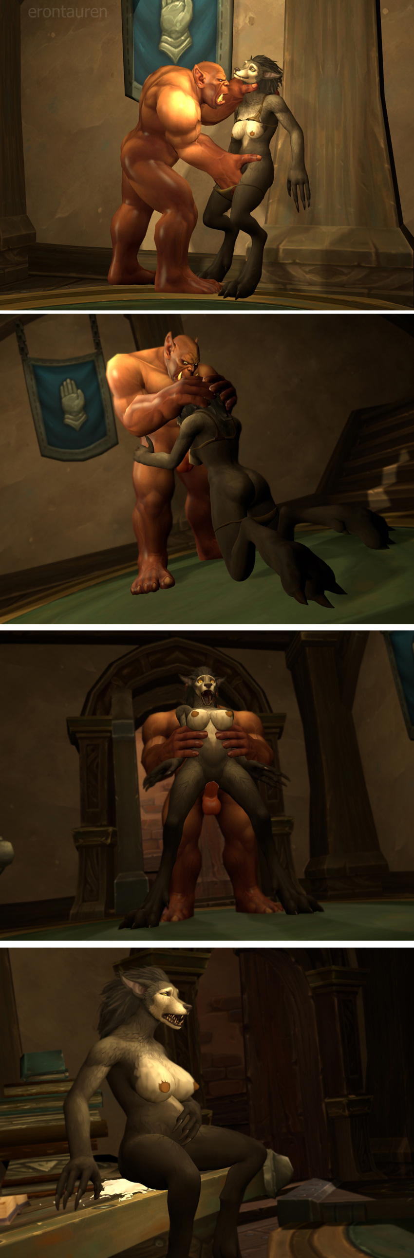 anthro cumflation dark-skinned_male dark_skin erontauren female male mini_comic orc orc_male sfm warcraft worgen worgen_female