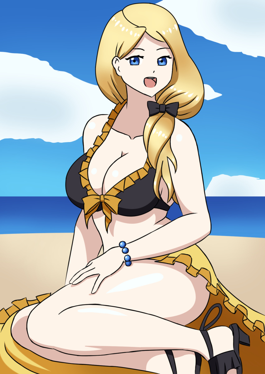 1girls alternate_costume bikini black_bikini black_footwear black_swimsuit breasts cleavage female fire_emblem fire_emblem:_three_houses fire_emblem_heroes large_breasts long_hair looking_at_viewer mercedes_von_martritz mercedes_von_martritz_(summer) nintendo official_alternate_costume open_mouth outdoors sandals sarong sealllll solo swimsuit