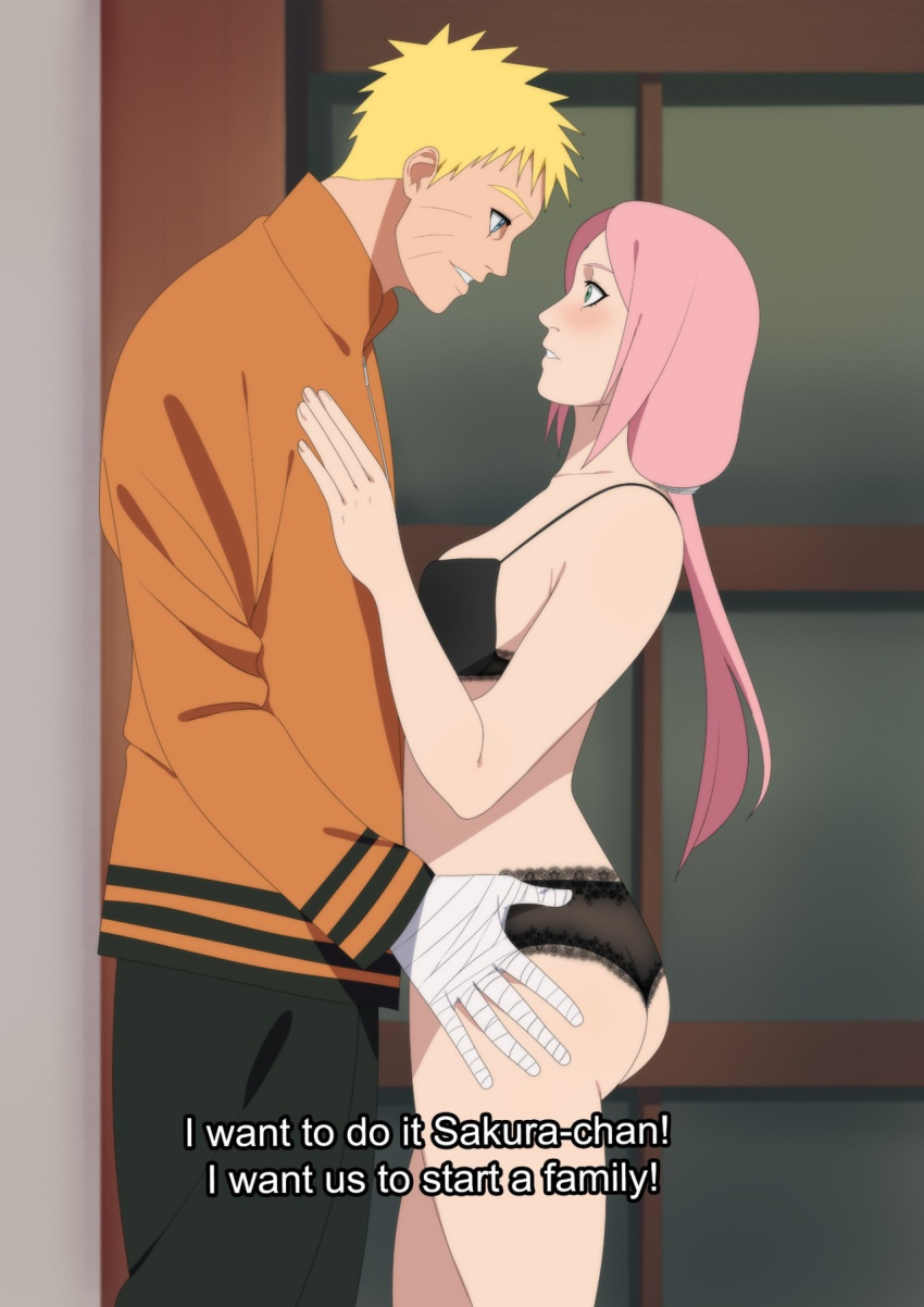 1boy 1boy1girl 1girls against_wall alternate_hairstyle ass bandaged_arm bandages before_sex blush boruto:_naruto_next_generations bra breasts commentary female green_eyes hand_on_chest hand_on_hip indoors jacket lenacringe lingerie long_hair looking_at_another male naruto naruto_(series) panties pants pink_hair ponytail sakura_haruno short_hair sideboob smile standing talking text tied_hair underwear uzumaki_naruto yellow_hair