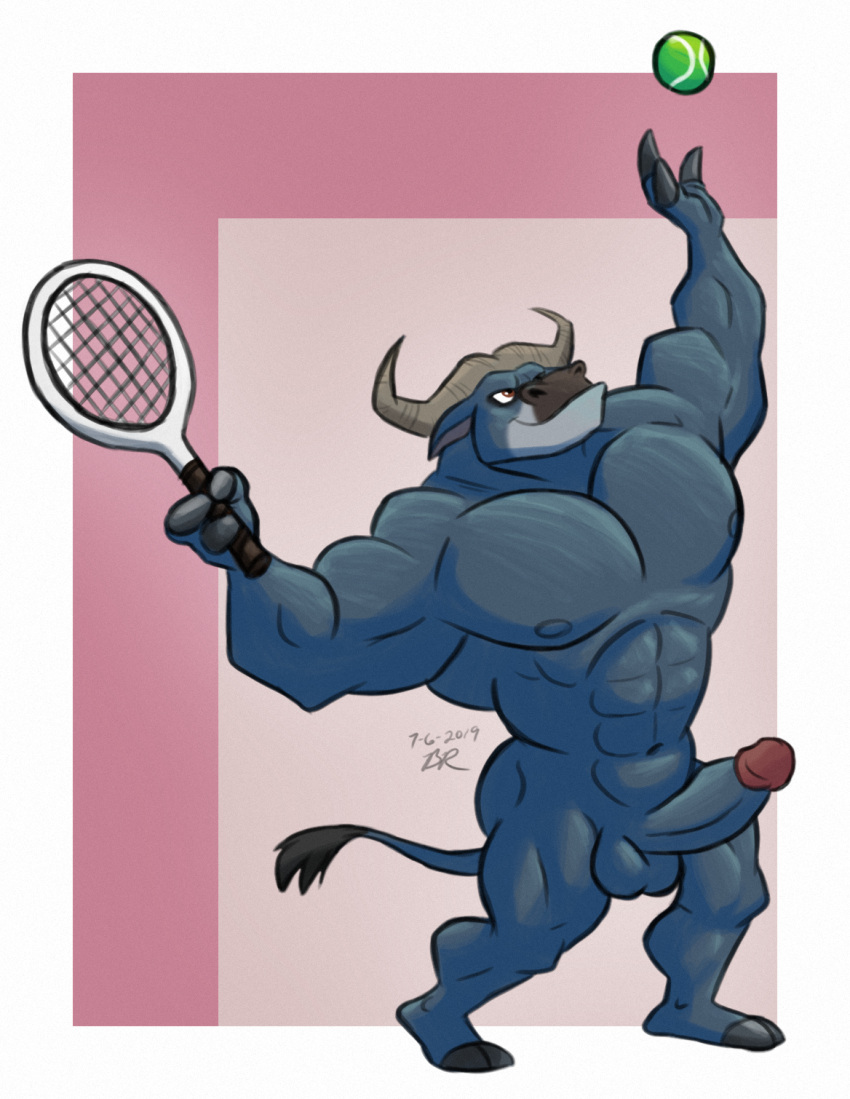 anthro ball bovid bovine cape_buffalo chief_bogo disney erection genitals gepredators hi_res male male_only mammal muscular nipples nude penis serve solo tennis tennis_ball true_buffalo water_buffalo zootopia