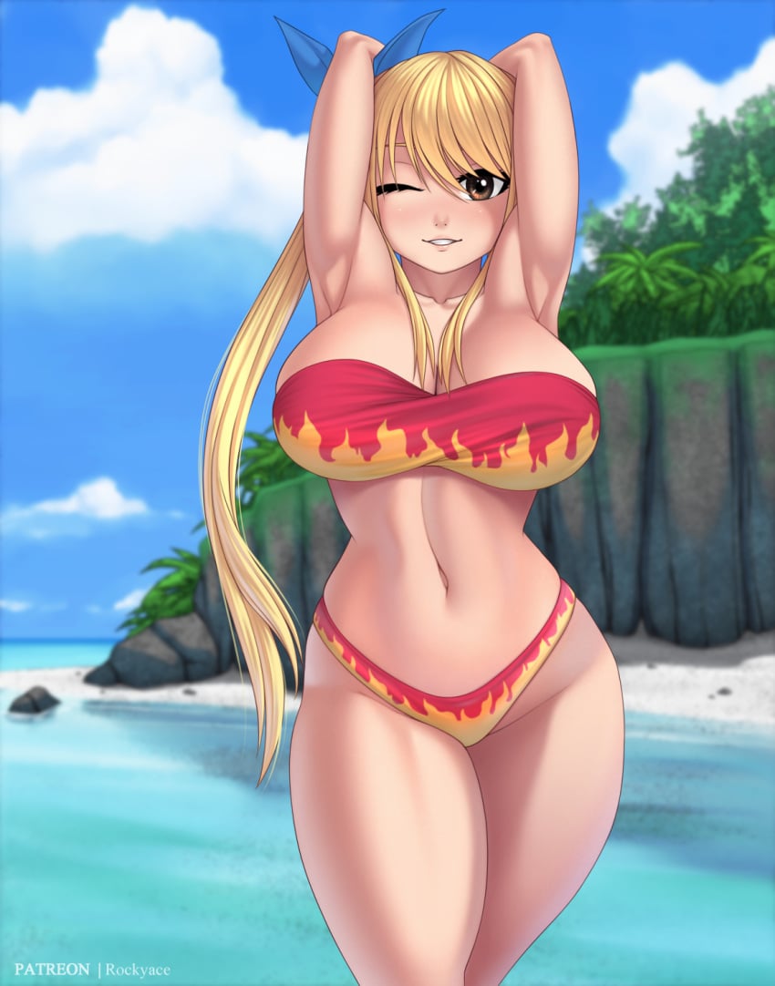 1girls alternate_version_available armpits beach blonde_hair brown_eyes cleavage fairy_tail flame_bikini flame_pattern hairbow hourglass_figure huge_breasts inviting long_hair looking_at_viewer lucy_heartfilia posing rocky-ace seaside thick_thighs voluptuous wink