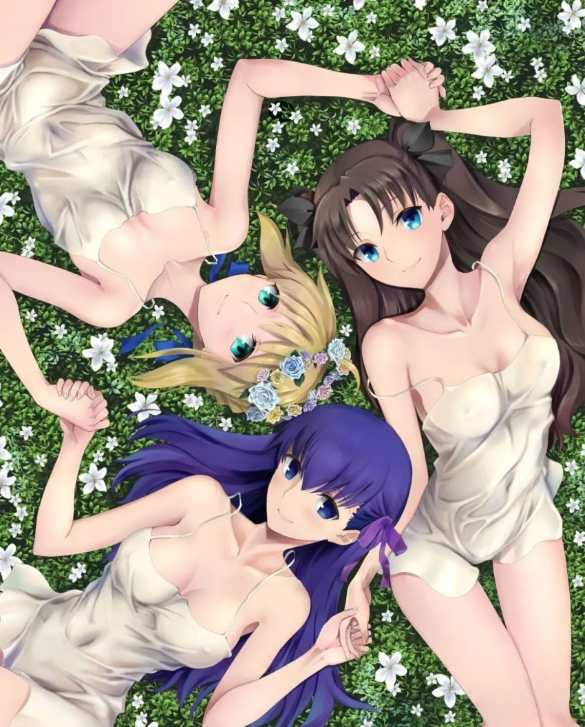 3girls artoria_pendragon big_breasts blonde_hair blue_eyes brown_hair eroge fate/stay_night fate_(series) green_eyes hand_holding happy lying_on_back matou_sakura multiple_girls no_bra no_panties only_female saber shirotsumekusa sisters small_breasts smile tohsaka_rin violet_eyes violet_hair visual_novel wet_clothes white_shirt