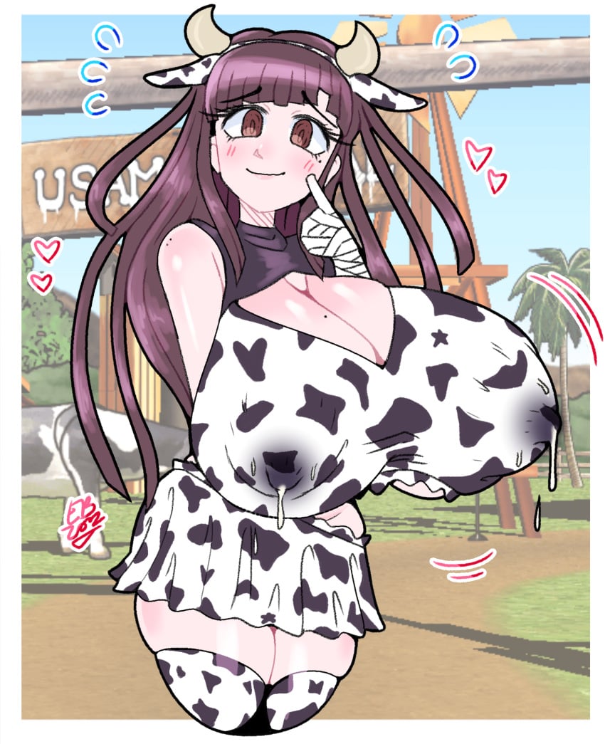 1girls big_breasts breasts brown_eyes cow_ears cow_girl cow_horns cow_print cowgirl danganronpa danganronpa_2:_goodbye_despair easybee female female_only heart huge_breasts lactation large_breasts long_hair motion_lines nipple_bulge purple_hair skirt solo solo_female straight_hair thighhighs thighs tsumiki_mikan