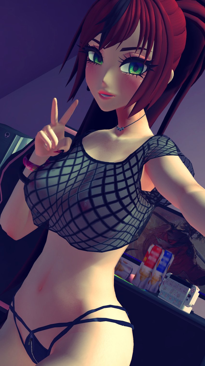 3d areolae big_breasts breasts female fishnet fishnet_shirt fishnets green_eyes indie_virtual_youtuber light-skinned_female light_skin mira_pink navel necklace nipples panties red_hair solo solo_female solo_focus transparent_clothing tummy v_sign virtual_youtuber vrchat